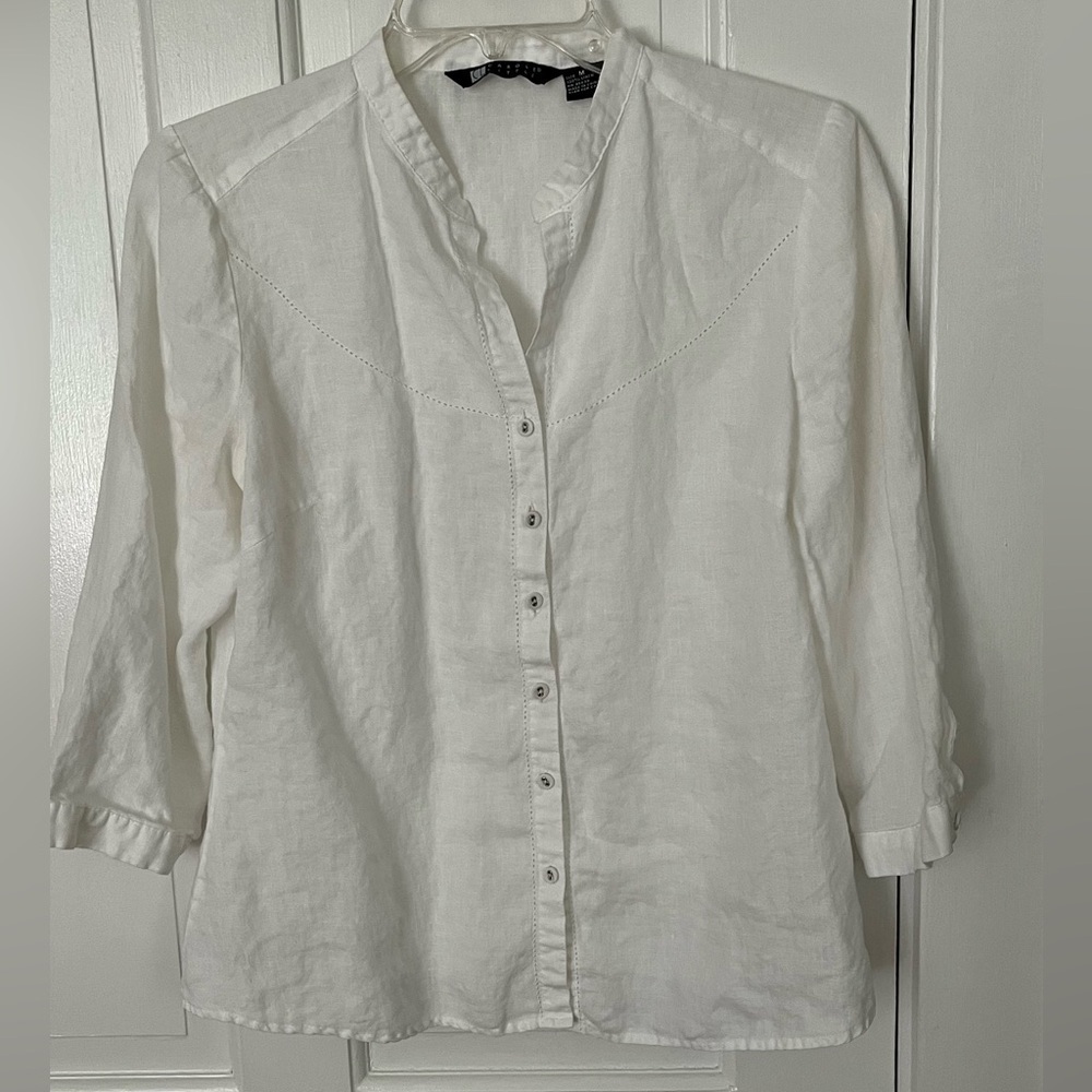 Carole Little 100% White Linen Button Up 3/4 Sleeve Shirt Size Medium Clean Girl